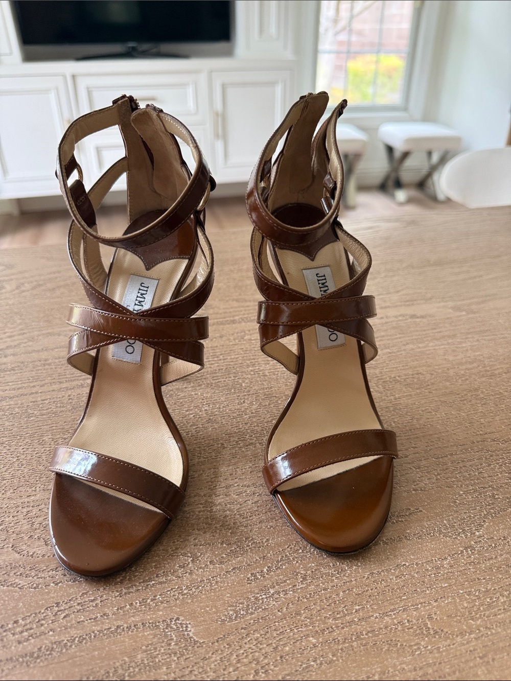 Jimmy Choo Brown Patent Leather Strappy Stiletto Sandals